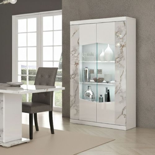 Vitrine 2 Portes Avec LEDs Laqué Blanc Et Imitation Marbre - Etolis