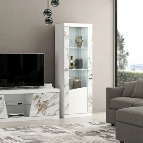 Vitrine Droite 1 Porte Avec LEDs Laqué Blanc Et Imitation Marbre - Etolis