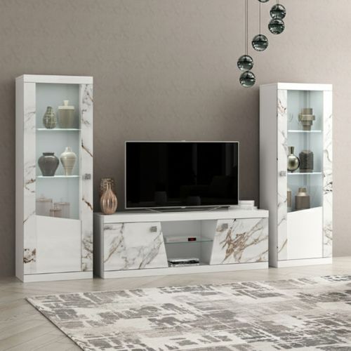 Vitrine Droite 1 Porte Avec LEDs Laqué Blanc Et Imitation Marbre - Etolis