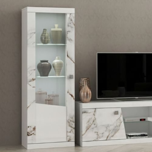 Vitrine Gauche 1 Porte Avec LEDs Laqué Blanc Et Imitation Marbre - Etolis