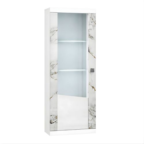 Vitrine Gauche 1 Porte Avec LEDs Laqué Blanc Et Imitation Marbre - Etolis