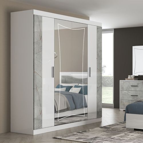 Armoire 4 Portes Avec 2 Portes Miroir Centrales Laqué Blanc Et Imitation Marbre - Genesis