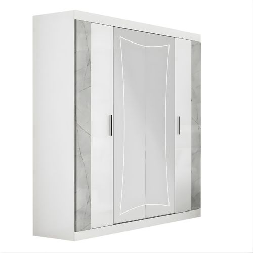Armoire 4 Portes Avec 2 Portes Miroir Centrales Laqué Blanc Et Imitation Marbre - Genesis
