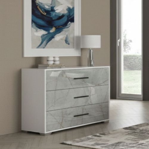 Commode 3 Tiroirs Laqué Blanc Et Imitation Marbre - Genesis