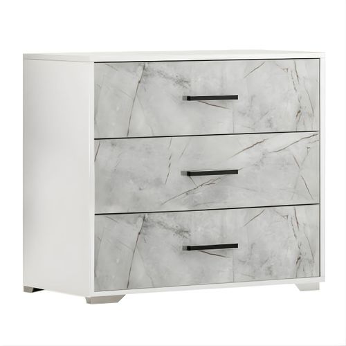 Commode 3 Tiroirs Laqué Blanc Et Imitation Marbre - Genesis