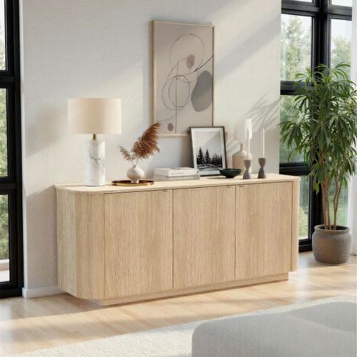 Buffet 3 Portes Aspect Chêne Clair Design Coins Arrondis - Adill