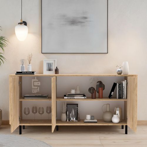 Buffet 3 Portes Aspect Bois Finition Cadiz Design Coins Arrondis Pieds Métal Noir - Vivarini