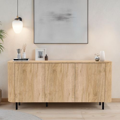 Buffet 3 Portes Aspect Bois Finition Cadiz Design Coins Arrondis Pieds Métal Noir - Vivarini
