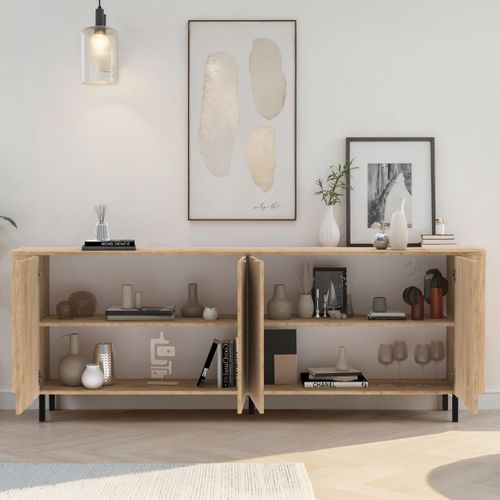 Buffet 4 Portes Aspect Bois Finition Cadiz Design Coins Arrondis Pieds Métal Noir - Vivarini