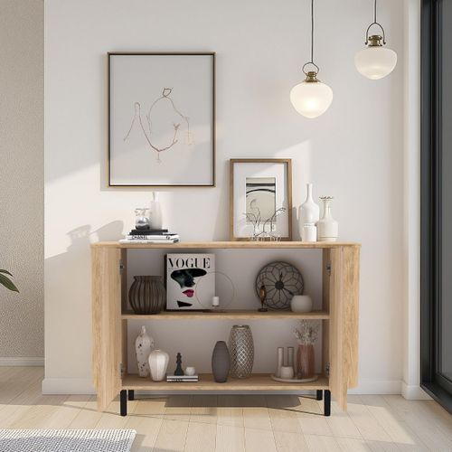 Buffet 2 Portes Aspect Bois Finition Cadiz Design Coins Arrondis Pieds Métal Noir - Vivarini