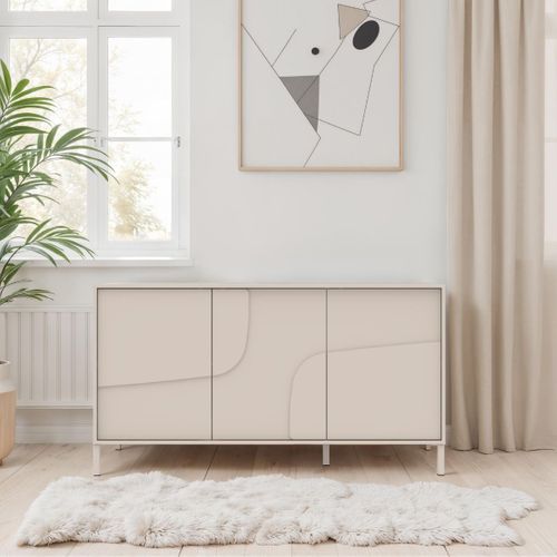 Buffet 3 Portes Laqué Beige Façade Relief Piètement Métal - Egerie