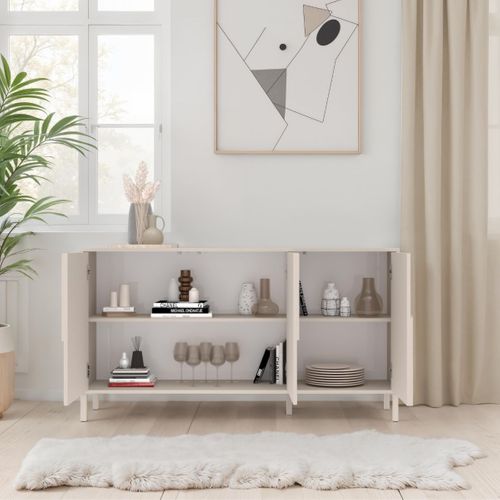 Buffet 3 Portes Laqué Beige Façade Relief Piètement Métal - Egerie