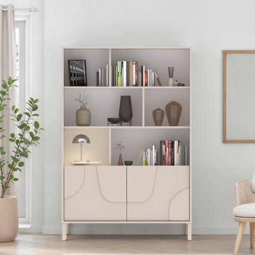 Meuble De Rangement Étagères 2 Portes Laqué Beige Façade Relief Piètement Métal - Egerie