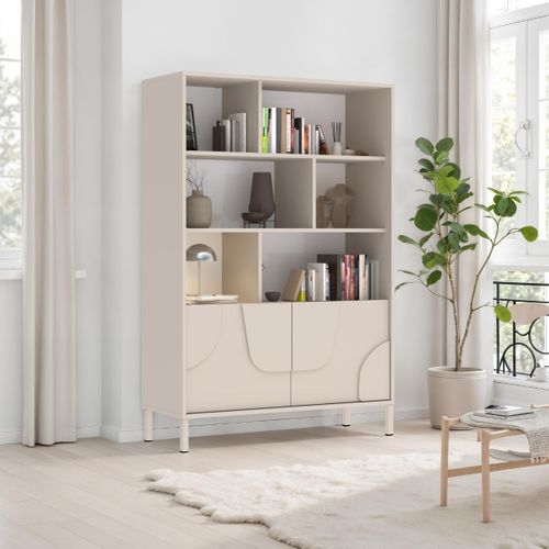 Meuble De Rangement Étagères 2 Portes Laqué Beige Façade Relief Piètement Métal - Egerie