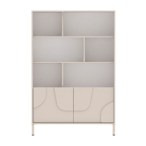 Meuble De Rangement Étagères 2 Portes Laqué Beige Façade Relief Piètement Métal - Egerie