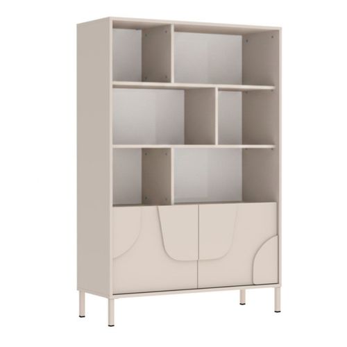 Meuble De Rangement Étagères 2 Portes Laqué Beige Façade Relief Piètement Métal - Egerie