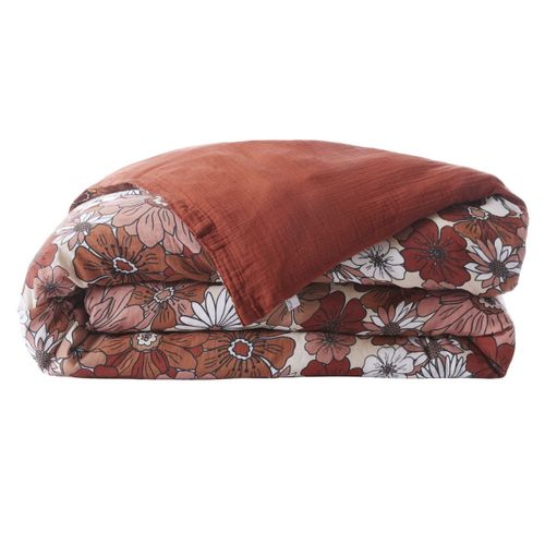 Housse De Couette 200x200cm Gaze De Coton Imprimé Floral Coloris Terracotta - Anastasia
