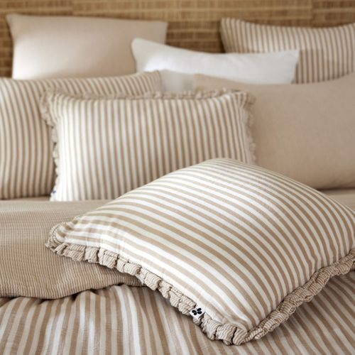 Coussin Déhoussable 45x45cm Gaze De Coton Tissé Rayé Beige - Romelia