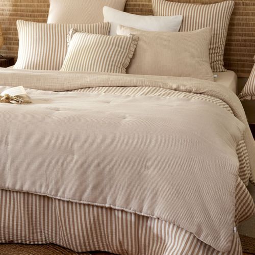 Chemin De Lit 90x200cm Gaze De Coton Tissé Rayé Beige - Romelia