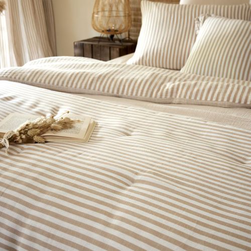Housse De Couette 140x200cm Gaze De Coton Tissé Rayé Beige - Romelia