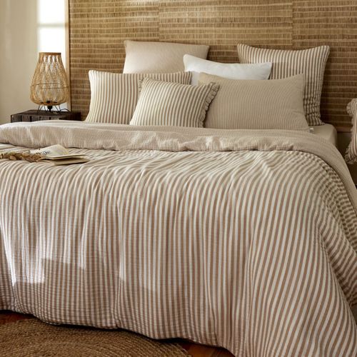 Housse De Couette 260x240cm Gaze De Coton Tissé Rayé Beige - Romelia