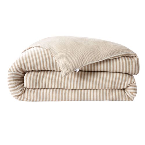 Housse De Couette 260x240cm Gaze De Coton Tissé Rayé Beige - Romelia
