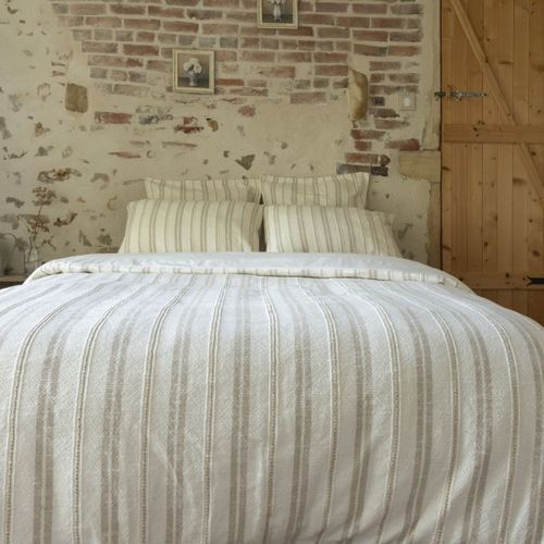 Housse De Couette 240x220cm Coton Tissage Texturé Coloris Blanc Rayé Beige - Titouan