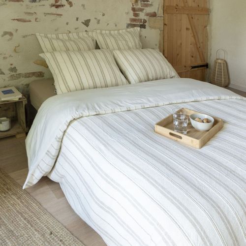 Housse De Couette 240x220cm Coton Tissage Texturé Coloris Blanc Rayé Beige - Titouan