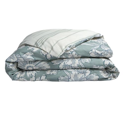 Housse De Couette 200x200cm Coton Imprimé Recto Floral Verso Rayé Vert Sauge Et Blanc - Tamia