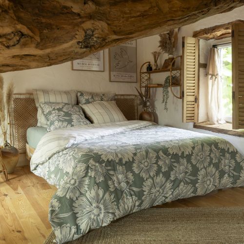 Housse De Couette 260x240cm Coton Imprimé Recto Floral Verso Rayé Vert Sauge Et Blanc - Tamia