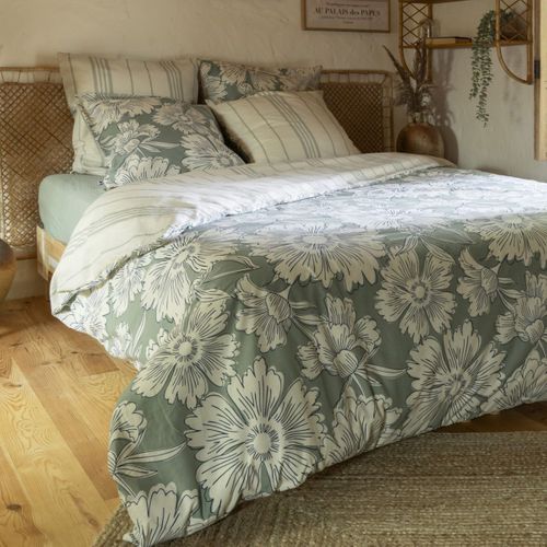 Housse De Couette 260x240cm Coton Imprimé Recto Floral Verso Rayé Vert Sauge Et Blanc - Tamia