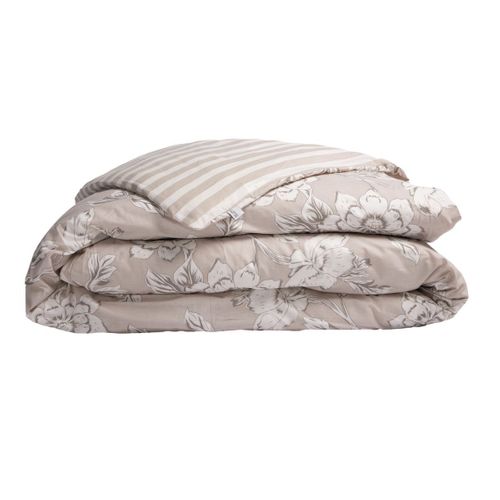 Housse De Couette 260x240cm Coton Imprimé Recto Floral Verso Rayé Beige - Cottage