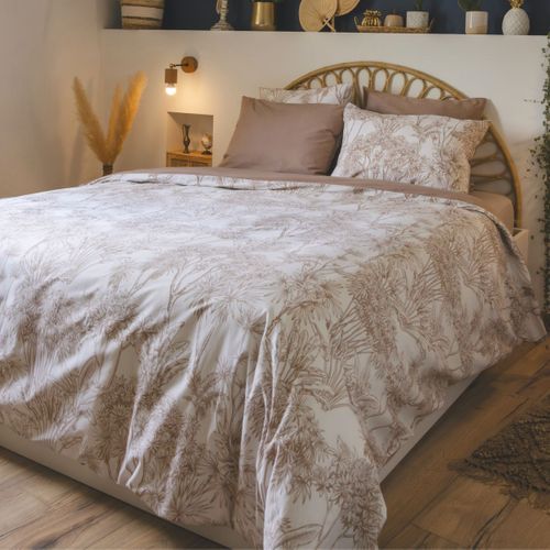 Housse De Couette 140x200cm Coton Imprimé Feuillage Blanc Et Sable - Javen