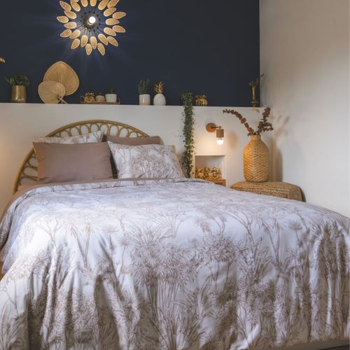 Housse De Couette 260x240cm Coton Imprimé Feuillage Blanc Et Sable - Javen