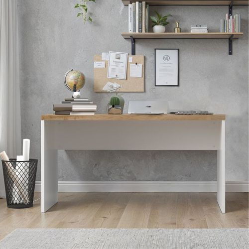 Bureau 138cm Blanc Laqué Brillant Avec Plateau En Chêne 38mm - Genius