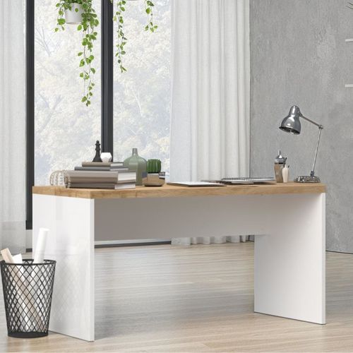 Bureau 138cm Blanc Laqué Brillant Avec Plateau En Chêne 38mm - Genius