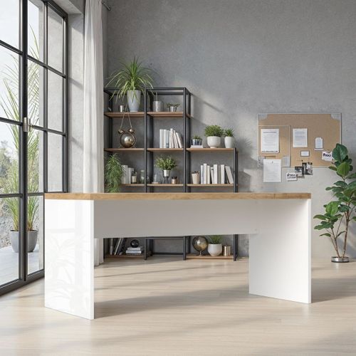 Bureau 160cm Blanc Laqué Brillant Avec Plateau En Chêne 38mm - Genius