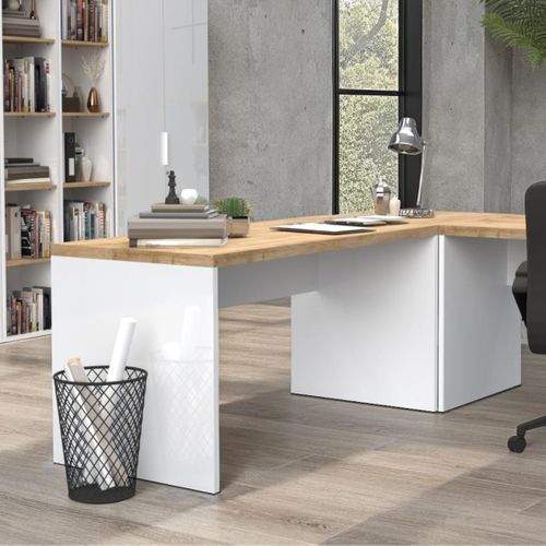 Bureau 160cm Blanc Laqué Brillant Avec Plateau En Chêne 38mm - Genius