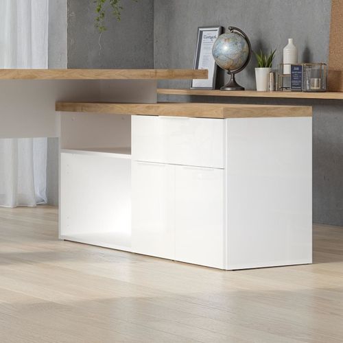 Bureau 138cm Avec Retour Rangements Blanc Laqué Brillant Avec Plateau En Chêne 38mm - Genius