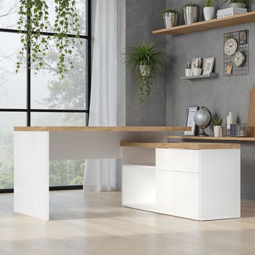 Bureau 138cm Avec Retour Rangements Blanc Laqué Brillant Avec Plateau En Chêne 38mm - Genius
