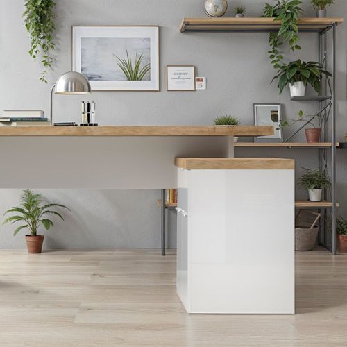 Bureau 138cm Avec Retour Rangements Blanc Laqué Brillant Avec Plateau En Chêne 38mm - Genius