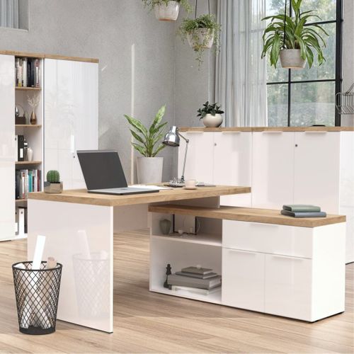 Bureau 138cm Avec Retour Rangements Blanc Laqué Brillant Avec Plateau En Chêne 38mm - Genius