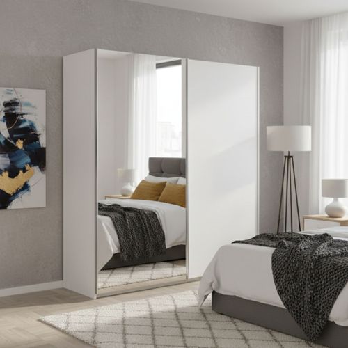 Armoire 2 Portes Coulissantes Blanc Laqué Avec 1 Porte Miroir - Mariane