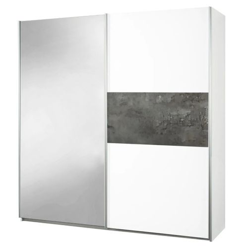 Armoire 2 Portes Coulissantes Blanc Laqué Avec Décor Gris Oxyde Et 1 Porte Miroir - Mariane