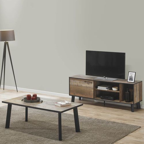 Meuble TV 1 Porte 3 Niches Aspect Bois Et Métal - Karmina
