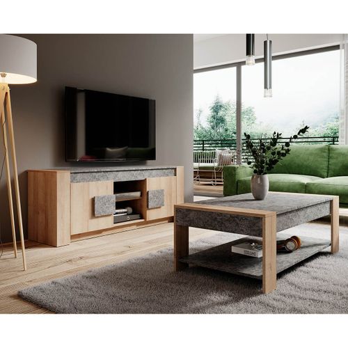 Table Basse Rectangulaire Aspect Bois Et Pierre - Fanny