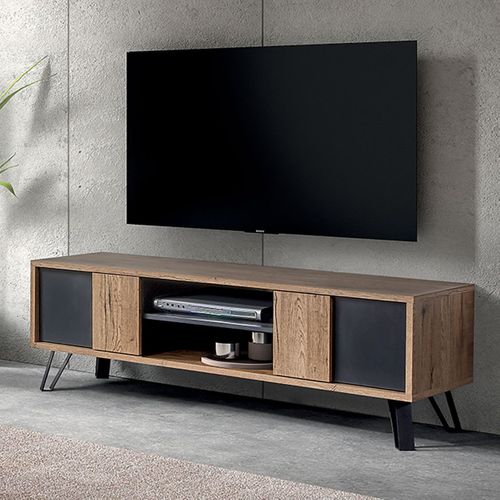 Meuble TV 2 Portes Effet Bois Naturel Et Noir - Carson