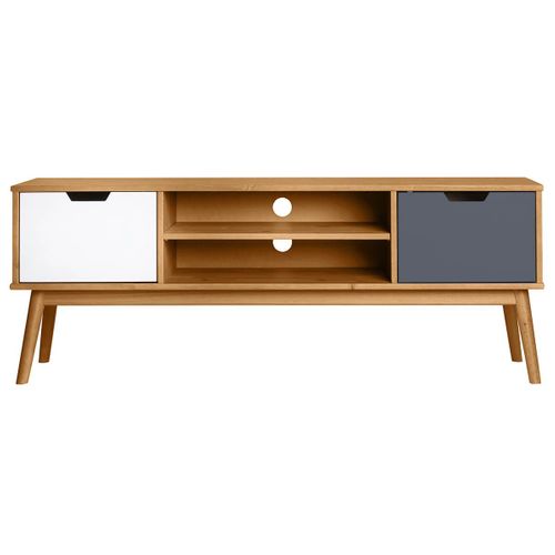 Meuble TV 2 Portes Bois Massif, Blanc Et Gris - Maras