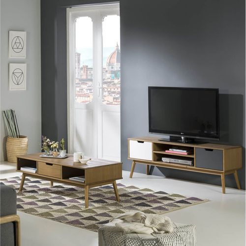 Meuble TV 2 Portes Bois Massif, Blanc Et Gris - Maras