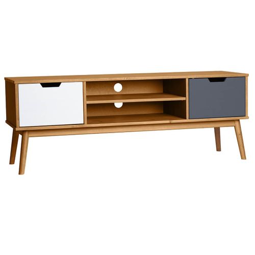 Meuble TV 2 Portes Bois Massif, Blanc Et Gris - Maras